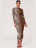 long -sleeved round collars leopard dress
