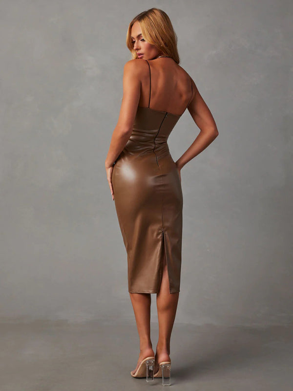 strapless PU leather slit hip-covering backless dress