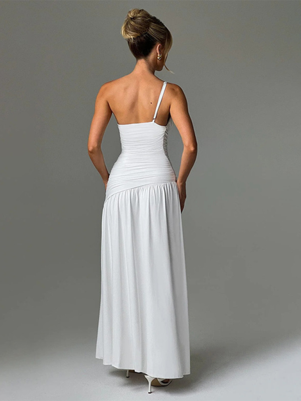 Strapless off-shoulder gathered slit A-line dress