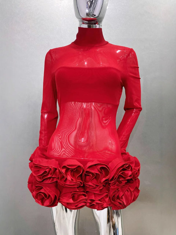 Sexy see-through mesh flower bud skirt ultra-short red dress