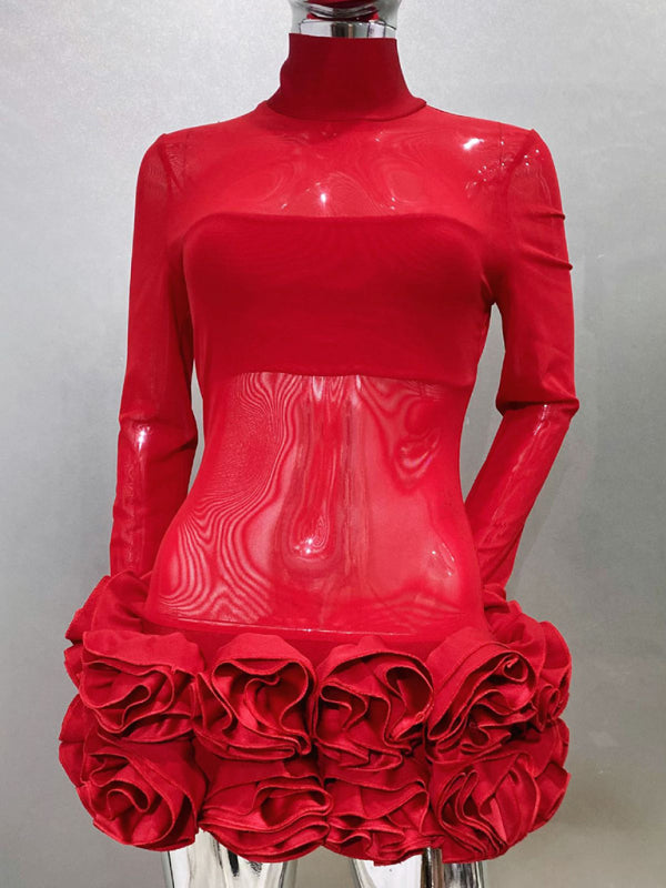 Sexy see-through mesh flower bud skirt ultra-short red dress